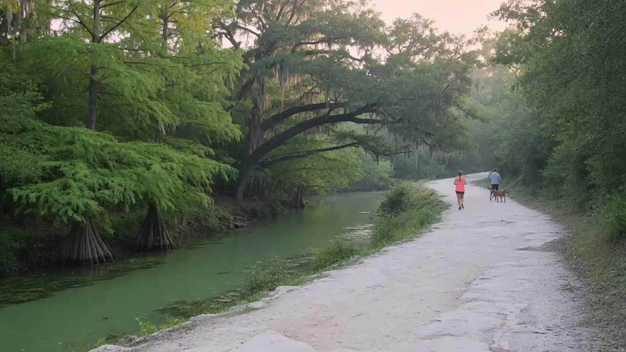 A creekside hike-and-bike trail lined with cypress and live oaks with a jogger and a dog walker
