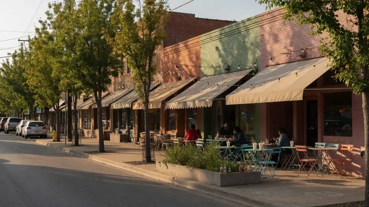 A tree-lined Dallas shopping street with a casual cafe patio, string lights and painted brick storefronts