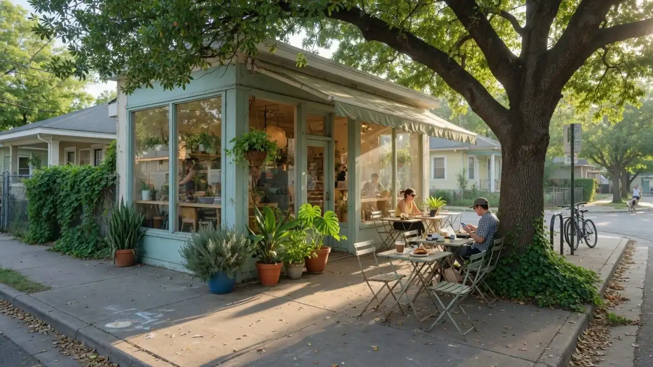 Independent neighborhood coffee shop with outdoor tables under a live oak tree