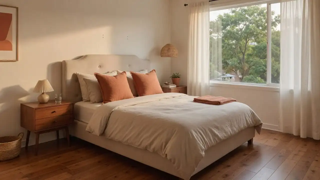 Bedroom with walnut floors, an oatmeal linen bed with terracotta pillows and a window onto treetops