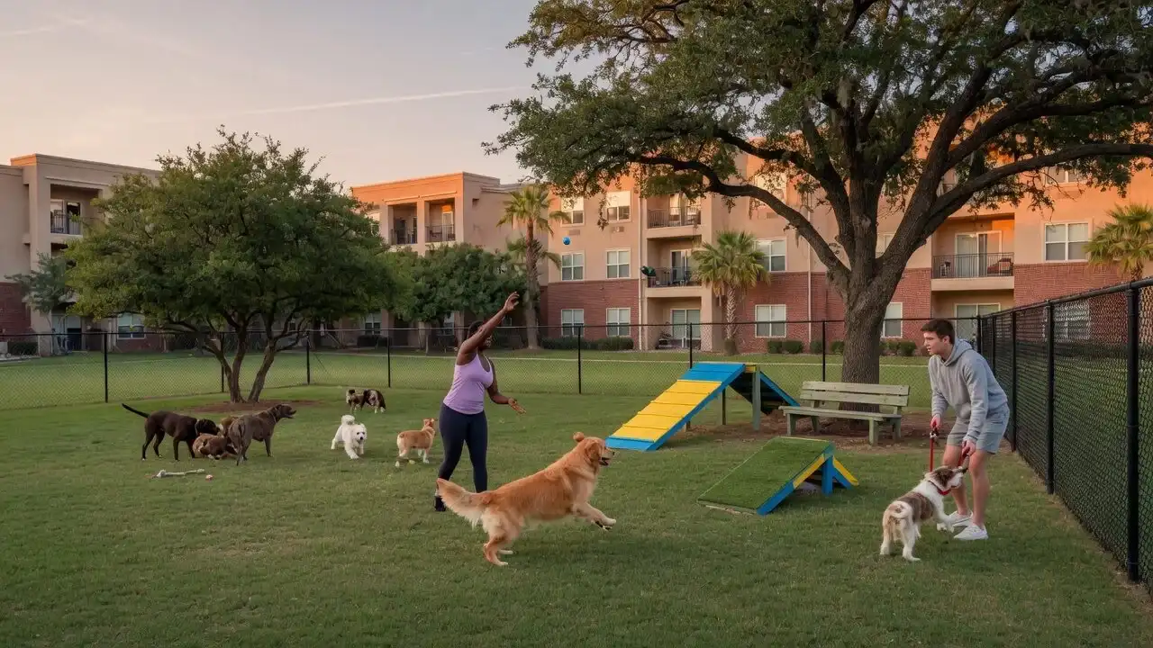Fenced dog park with shade trees and agility ramps where residents play with their dogs
