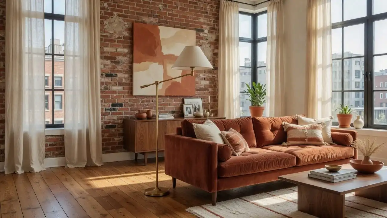 Living room with walnut floors, a rust velvet sofa, a brass lamp and an exposed brick accent wall