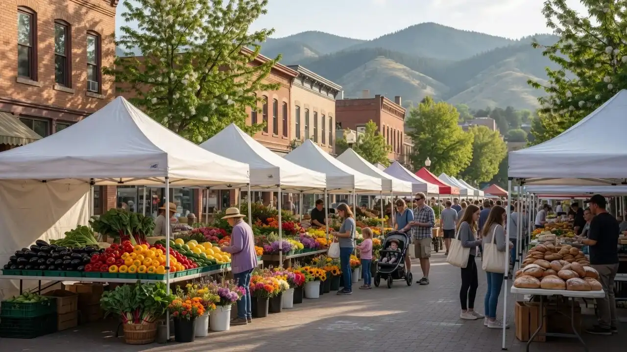 Saturday farmers market with white canopy tents, produce and flowers, and the foothills beyond