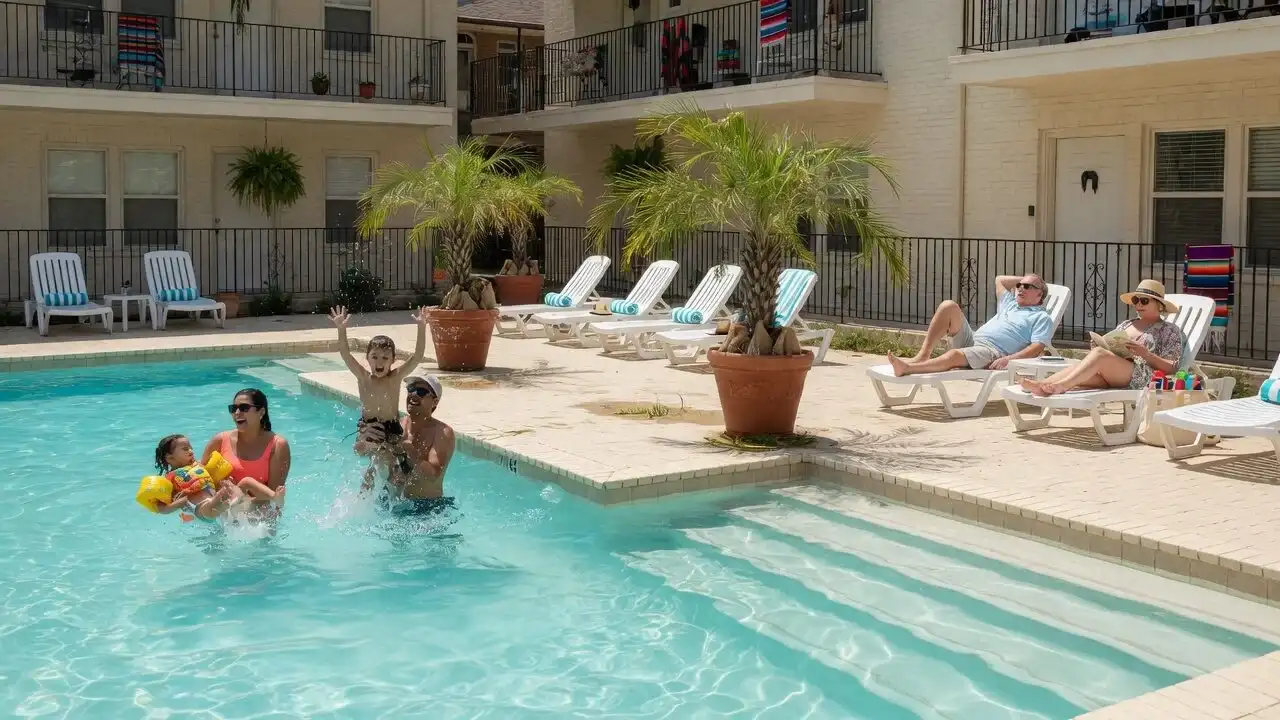 Turquoise saltwater pool with a sun shelf where a family splashes and an older couple relaxes on loungers