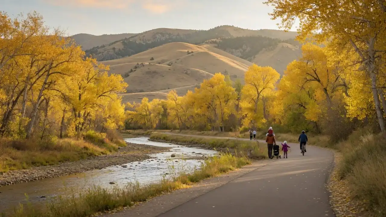 A riverside paved trail under golden cottonwoods with a cyclist and a family walking, foothills behind